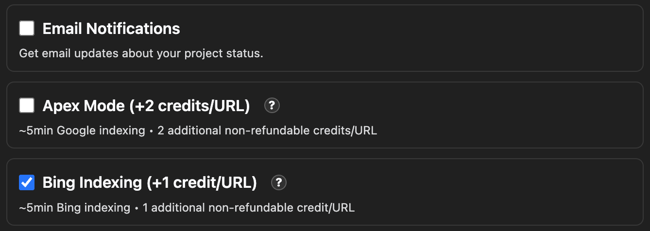 Apex Mode and Bing Indexing dashboard checkboxes with additional credits per URL